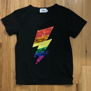 Lola + The Boys Rainbow Black Lightening Bolt Sequin Girl Tee T-shirt Shirt Sz 8